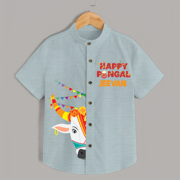 Happy Pongal Kids Shirt – Festive Bull Face Design with Custom Name - ARCTIC BLUE - 0 - 6 Months Old (Chest 23")