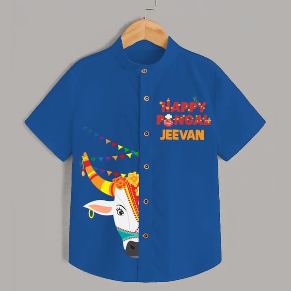 Happy Pongal Kids Shirt – Festive Bull Face Design with Custom Name - COBALT BLUE - 0 - 6 Months Old (Chest 23")