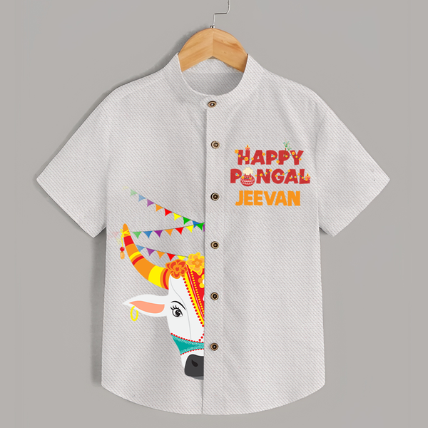 Happy Pongal Kids Shirt – Festive Bull Face Design with Custom Name - WHITE - 0 - 6 Months Old (Chest 23")