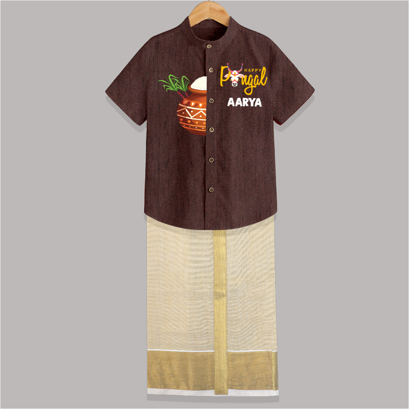 "Happy Pongal - Trendy Raw Silk Shirt And Dhoti to Celebrate Tradition and Joy" - COFFEE BROWN - 0 - 6 Months Old (Chest-23") (Dhoti length-14")