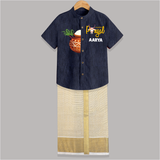 "Happy Pongal - Trendy Raw Silk Shirt And Dhoti to Celebrate Tradition and Joy" - DARK BLUE - 0 - 6 Months Old (Chest-23") (Dhoti length-14")