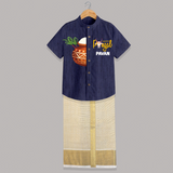 Happy Pongal Kids Shirt & Dhoti – Traditional Pongal Pot Illustration with Name Personalisation - DARK BLUE - 0 - 6 Months Old (Chest-23") (Dhoti length-14")