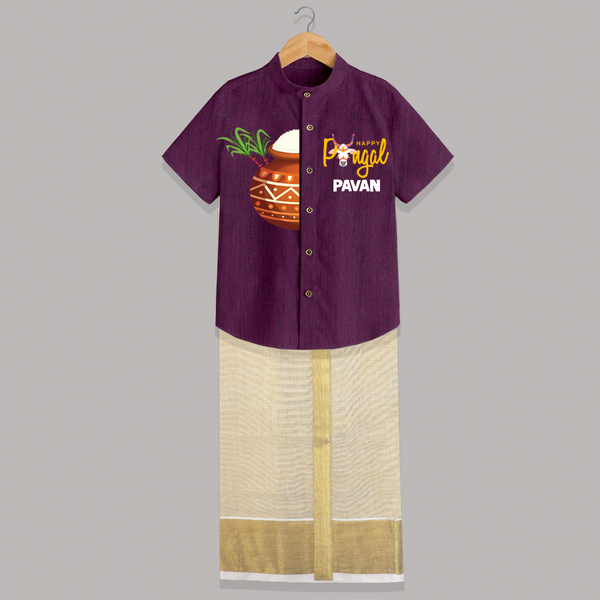 Happy Pongal Kids Shirt & Dhoti – Traditional Pongal Pot Illustration with Name Personalisation - GRAPE - 0 - 6 Months Old (Chest-23") (Dhoti length-14")