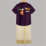 "Happy Pongal - Trendy Raw Silk Shirt And Dhoti to Celebrate Tradition and Joy" - GRAPE - 0 - 6 Months Old (Chest-23") (Dhoti length-14")