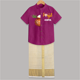 "Happy Pongal - Trendy Raw Silk Shirt And Dhoti to Celebrate Tradition and Joy" - MAGENTA - 0 - 6 Months Old (Chest-23") (Dhoti length-14")