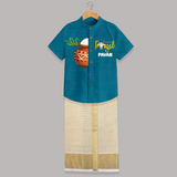 Happy Pongal Kids Shirt & Dhoti – Traditional Pongal Pot Illustration with Name Personalisation - PEACOCK BLUE - 0 - 6 Months Old (Chest-23") (Dhoti length-14")