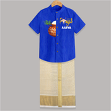 "Happy Pongal - Trendy Raw Silk Shirt And Dhoti to Celebrate Tradition and Joy" - ROYAL BLUE - 0 - 6 Months Old (Chest-23") (Dhoti length-14")