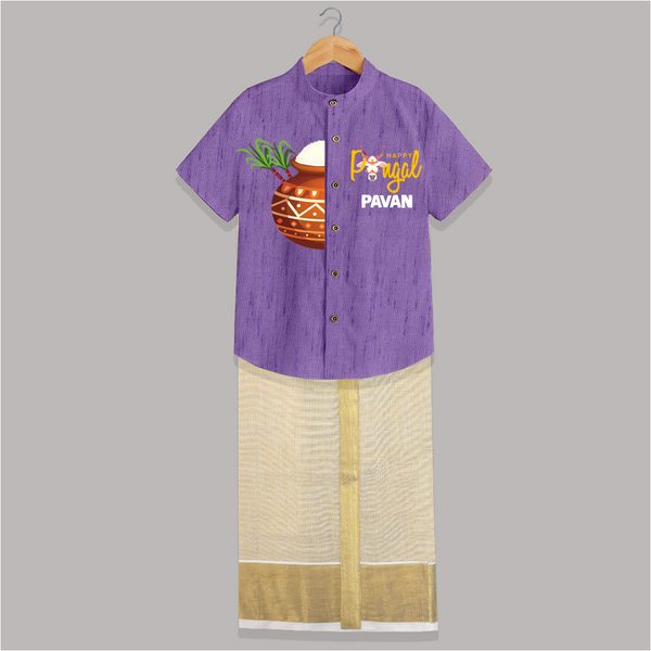 Happy Pongal Kids Shirt & Dhoti – Traditional Pongal Pot Illustration with Name Personalisation - ROYAL PURPLE - 0 - 6 Months Old (Chest-23") (Dhoti length-14")