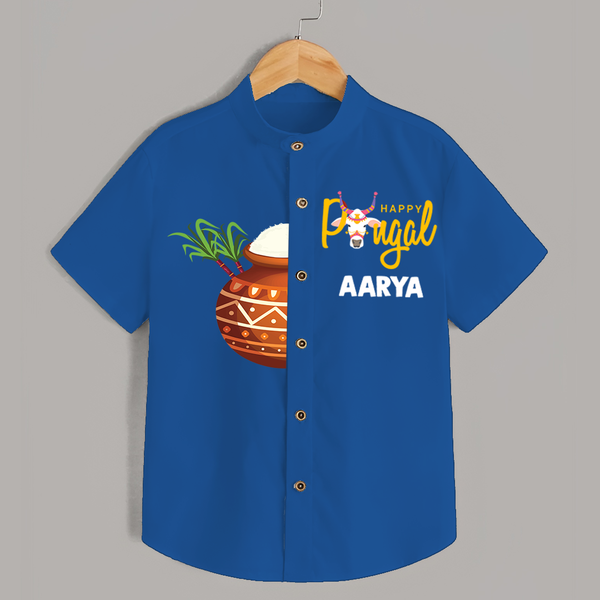 Happy Pongal Kids Shirt – Traditional Pongal Pot Illustration with Name Personalisation - COBALT BLUE - 0 - 6 Months Old (Chest 23")
