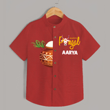 Happy Pongal Kids Shirt – Traditional Pongal Pot Illustration with Name Personalisation - RED - 0 - 6 Months Old (Chest 23")