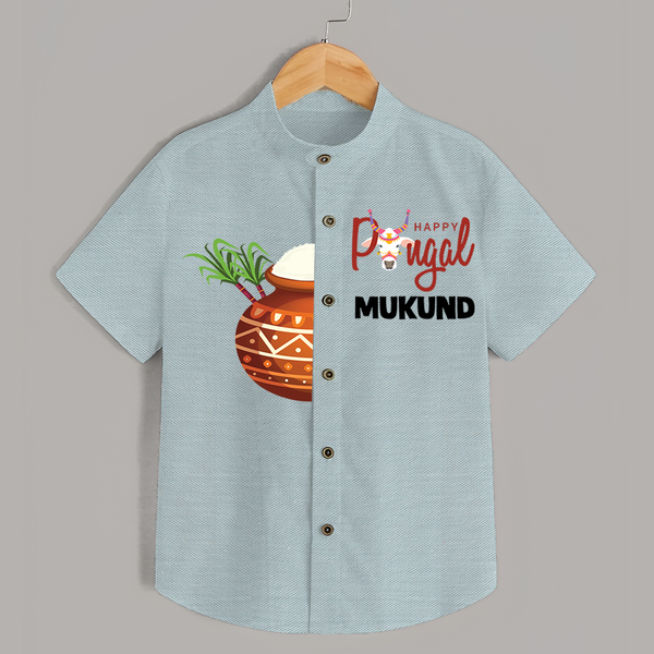 Happy Pongal Kids Shirt – Traditional Pongal Pot Illustration with Name Personalisation - ARCTIC BLUE - 0 - 6 Months Old (Chest 23")