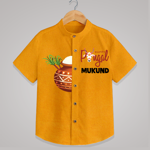 Happy Pongal Kids Shirt – Traditional Pongal Pot Illustration with Name Personalisation - CHROME YELLOW - 0 - 6 Months Old (Chest 23")