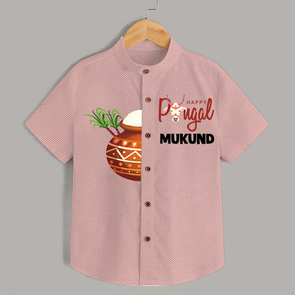 Happy Pongal Kids Shirt – Traditional Pongal Pot Illustration with Name Personalisation - PEACH - 0 - 6 Months Old (Chest 23")
