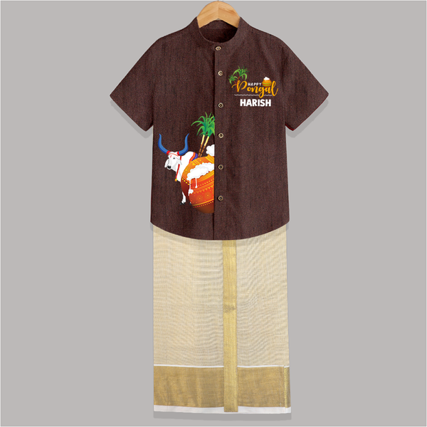 "Celebrate the Harvest - Happy Pongal Exclusive Raw Silk Shirt And Dhoti" - COFFEE BROWN - 0 - 6 Months Old (Chest-23") (Dhoti length-14")