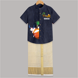 "Celebrate the Harvest - Happy Pongal Exclusive Raw Silk Shirt And Dhoti" - DARK BLUE - 0 - 6 Months Old (Chest-23") (Dhoti length-14")