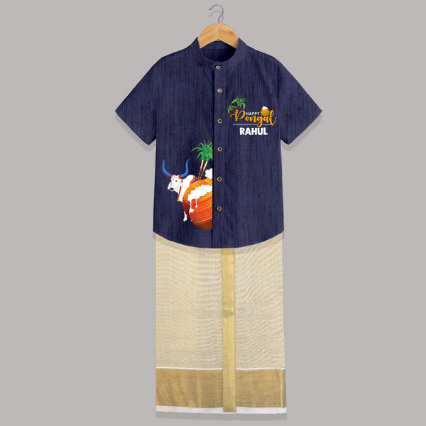 Happy Pongal Kids Shirt & Dhoti – Cow & Pongal Pot Illustration with Name Personalisation - DARK BLUE - 0 - 6 Months Old (Chest-23") (Dhoti length-14")