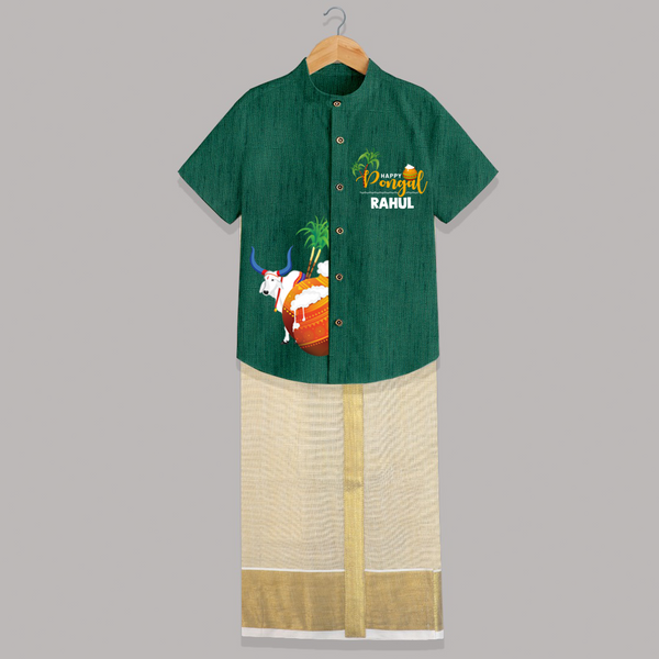 Happy Pongal Kids Shirt & Dhoti – Cow & Pongal Pot Illustration with Name Personalisation - DARK GREEN - 0 - 6 Months Old (Chest-23") (Dhoti length-14")
