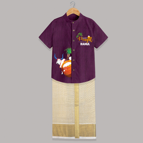 Happy Pongal Kids Shirt & Dhoti – Cow & Pongal Pot Illustration with Name Personalisation - GRAPE - 0 - 6 Months Old (Chest-23") (Dhoti length-14")