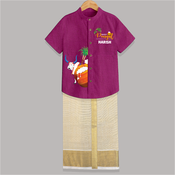 "Celebrate the Harvest - Happy Pongal Exclusive Raw Silk Shirt And Dhoti" - MAGENTA - 0 - 6 Months Old (Chest-23") (Dhoti length-14")