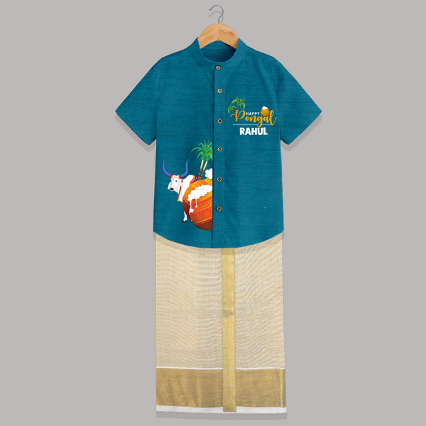 Happy Pongal Kids Shirt & Dhoti – Cow & Pongal Pot Illustration with Name Personalisation - PEACOCK BLUE - 0 - 6 Months Old (Chest-23") (Dhoti length-14")