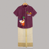 Happy Pongal Kids Shirt & Dhoti – Cow & Pongal Pot Illustration with Name Personalisation - WINE - 0 - 6 Months Old (Chest-23") (Dhoti length-14")