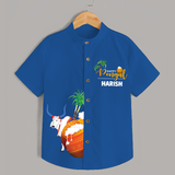 Happy Pongal Kids Shirt – Cow & Pongal Pot Illustration with Name Personalisation - COBALT BLUE - 0 - 6 Months Old (Chest 23")