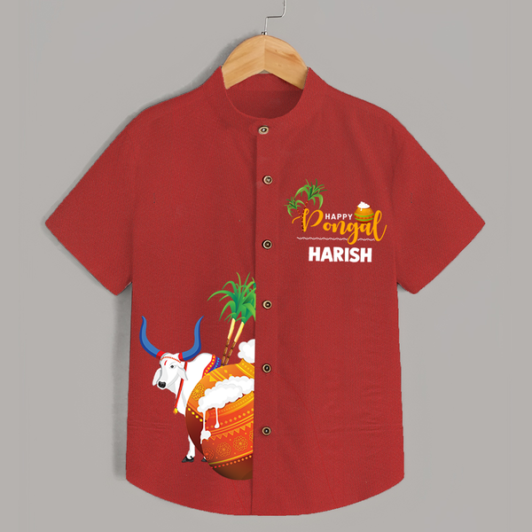 Happy Pongal Kids Shirt – Cow & Pongal Pot Illustration with Name Personalisation - RED - 0 - 6 Months Old (Chest 23")