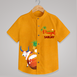 Happy Pongal Kids Shirt – Cow & Pongal Pot Illustration with Name Personalisation - CHROME YELLOW - 0 - 6 Months Old (Chest 23")