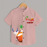 Happy Pongal Kids Shirt – Cow & Pongal Pot Illustration with Name Personalisation - PEACH - 0 - 6 Months Old (Chest 23")