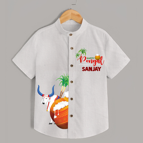 Happy Pongal Kids Shirt – Cow & Pongal Pot Illustration with Name Personalisation