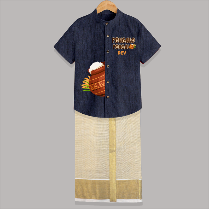 "Pongalo Pongal - Stylish Raw Silk Shirt And Dhoti for a Joyful Celebration" - DARK BLUE - 0 - 6 Months Old (Chest-23") (Dhoti length-14")