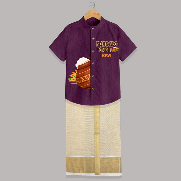 Pongalo pongal Pot Shirt & Dhoti with Name Personalisation - GRAPE - 0 - 6 Months Old (Chest-23") (Dhoti length-14")