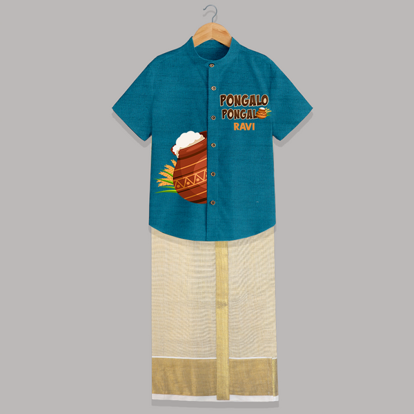 Pongalo pongal Pot Shirt & Dhoti with Name Personalisation - PEACOCK BLUE - 0 - 6 Months Old (Chest-23") (Dhoti length-14")