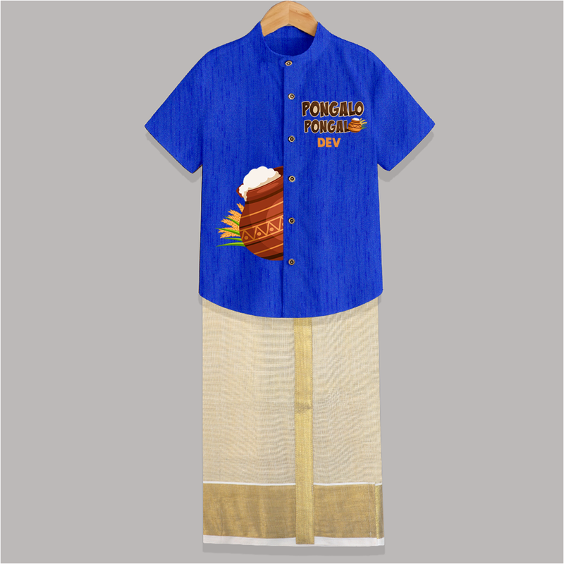 "Pongalo Pongal - Stylish Raw Silk Shirt And Dhoti for a Joyful Celebration" - ROYAL BLUE - 0 - 6 Months Old (Chest-23") (Dhoti length-14")