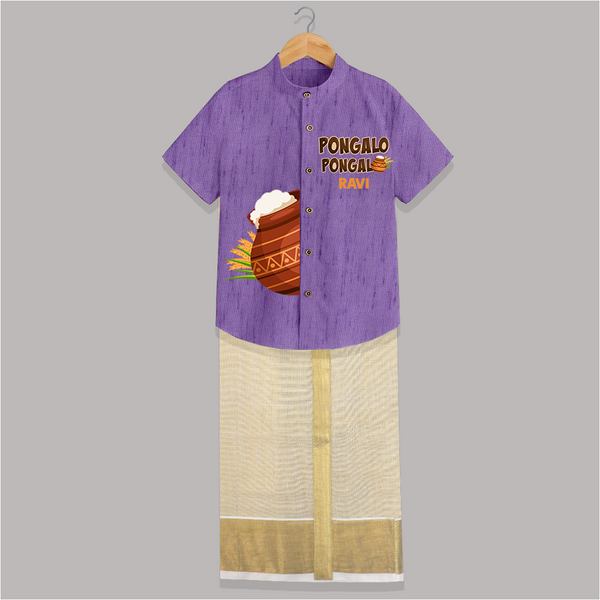 Pongalo pongal Pot Shirt & Dhoti with Name Personalisation - ROYAL PURPLE - 0 - 6 Months Old (Chest-23") (Dhoti length-14")