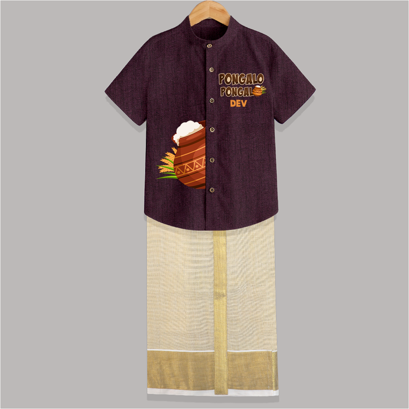 "Pongalo Pongal - Stylish Raw Silk Shirt And Dhoti for a Joyful Celebration" - WINE - 0 - 6 Months Old (Chest-23") (Dhoti length-14")