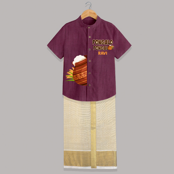 Pongalo pongal Pot Shirt & Dhoti with Name Personalisation - WINE - 0 - 6 Months Old (Chest-23") (Dhoti length-14")