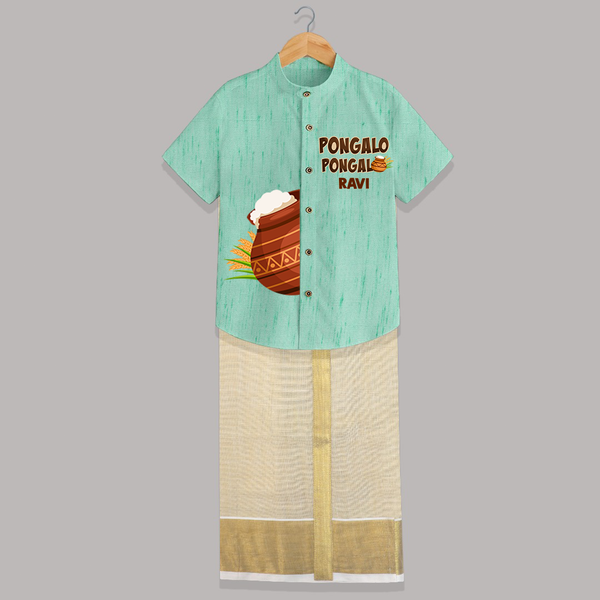 Pongalo pongal Pot Shirt & Dhoti with Name Personalisation - AQUA GREEN - 0 - 6 Months Old (Chest-23") (Dhoti length-14")
