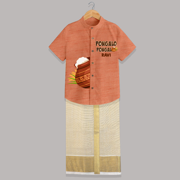 Pongalo pongal Pot Shirt & Dhoti with Name Personalisation - ORANGE - 0 - 6 Months Old (Chest-23") (Dhoti length-14")