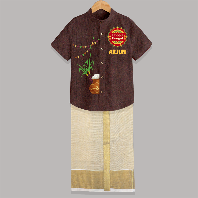 "Celebrate Pongal With Joy - Happy Pongal Raw Silk Shirt And Dhoti for All" - COFFEE BROWN - 0 - 6 Months Old (Chest-23") (Dhoti length-14")