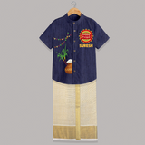 Happy Pongal Kids Shirt & Dhoti – Traditional Pongal Pot & Festive Badge Design with Name Personalisation - DARK BLUE - 0 - 6 Months Old (Chest-23") (Dhoti length-14")