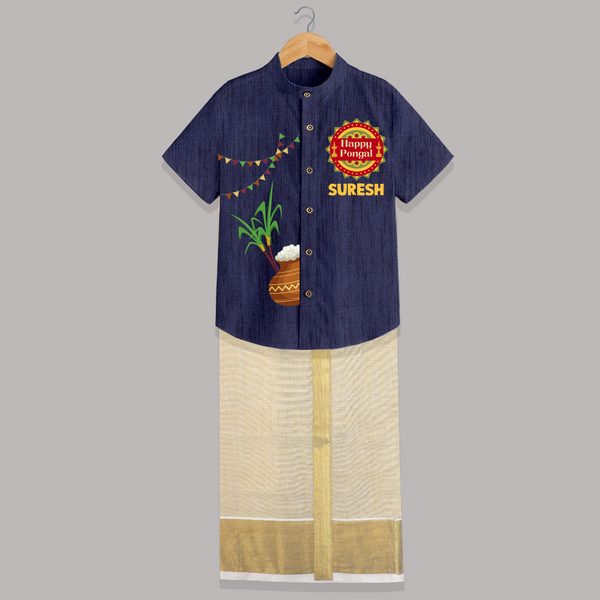 Happy Pongal Kids Shirt & Dhoti – Traditional Pongal Pot & Festive Badge Design with Name Personalisation - DARK BLUE - 0 - 6 Months Old (Chest-23") (Dhoti length-14")