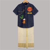 "Celebrate Pongal With Joy - Happy Pongal Raw Silk Shirt And Dhoti for All" - DARK BLUE - 0 - 6 Months Old (Chest-23") (Dhoti length-14")