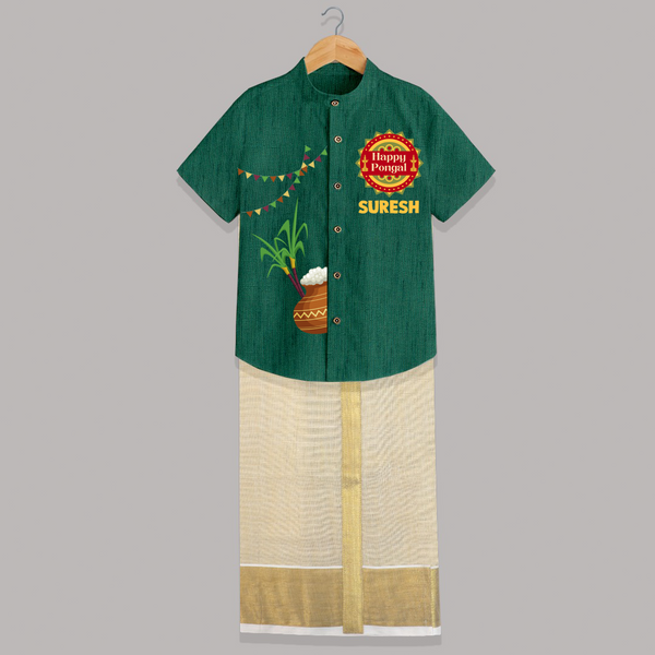 Happy Pongal Kids Shirt & Dhoti – Traditional Pongal Pot & Festive Badge Design with Name Personalisation - DARK GREEN - 0 - 6 Months Old (Chest-23") (Dhoti length-14")