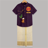 "Celebrate Pongal With Joy - Happy Pongal Raw Silk Shirt And Dhoti for All" - GRAPE - 0 - 6 Months Old (Chest-23") (Dhoti length-14")