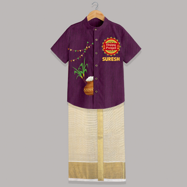 Happy Pongal Kids Shirt & Dhoti – Traditional Pongal Pot & Festive Badge Design with Name Personalisation - GRAPE - 0 - 6 Months Old (Chest-23") (Dhoti length-14")