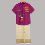 "Celebrate Pongal With Joy - Happy Pongal Raw Silk Shirt And Dhoti for All" - MAGENTA - 0 - 6 Months Old (Chest-23") (Dhoti length-14")