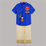 "Celebrate Pongal With Joy - Happy Pongal Raw Silk Shirt And Dhoti for All" - ROYAL BLUE - 0 - 6 Months Old (Chest-23") (Dhoti length-14")