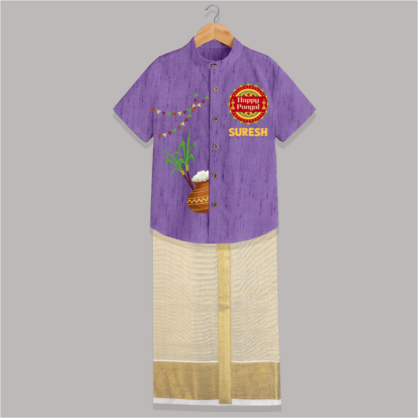 Happy Pongal Kids Shirt & Dhoti – Traditional Pongal Pot & Festive Badge Design with Name Personalisation - ROYAL PURPLE - 0 - 6 Months Old (Chest-23") (Dhoti length-14")