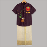 "Celebrate Pongal With Joy - Happy Pongal Raw Silk Shirt And Dhoti for All" - WINE - 0 - 6 Months Old (Chest-23") (Dhoti length-14")